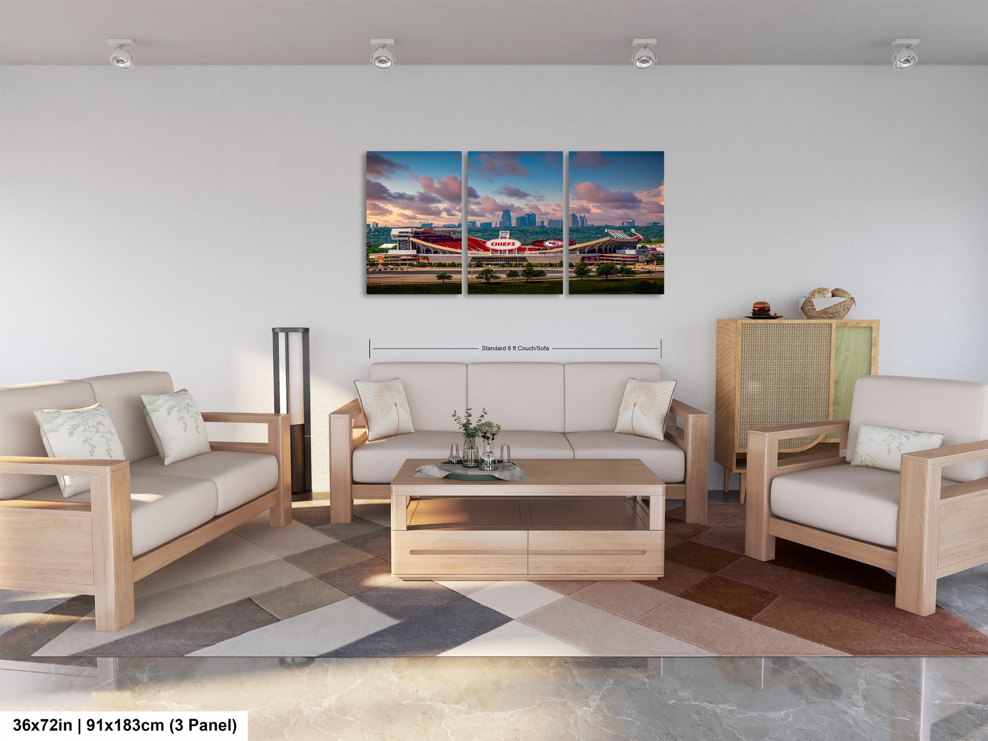 a living room filled with furniture and a painting on the wall
