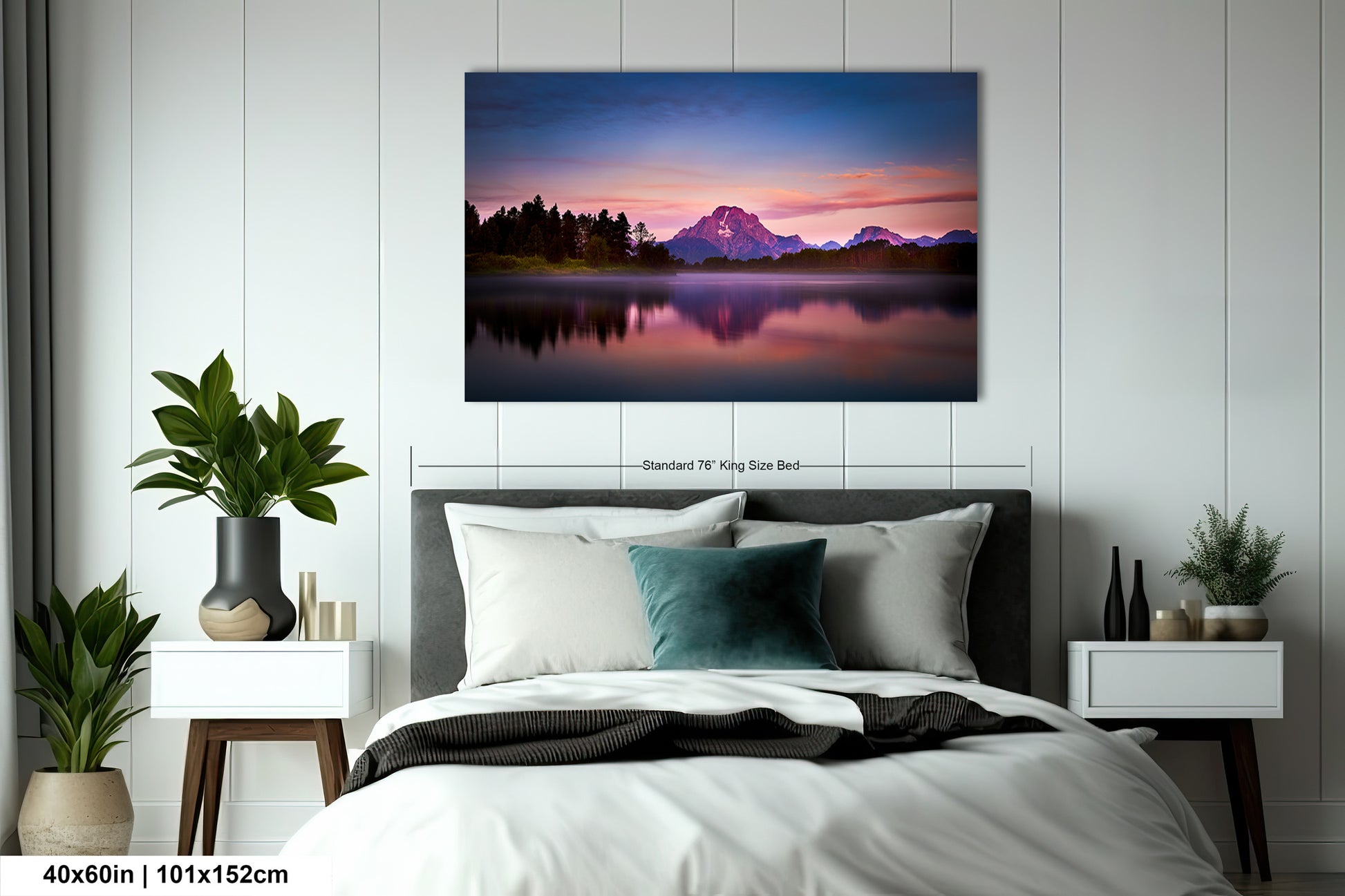 a bedroom with a bed and a painting on the wall