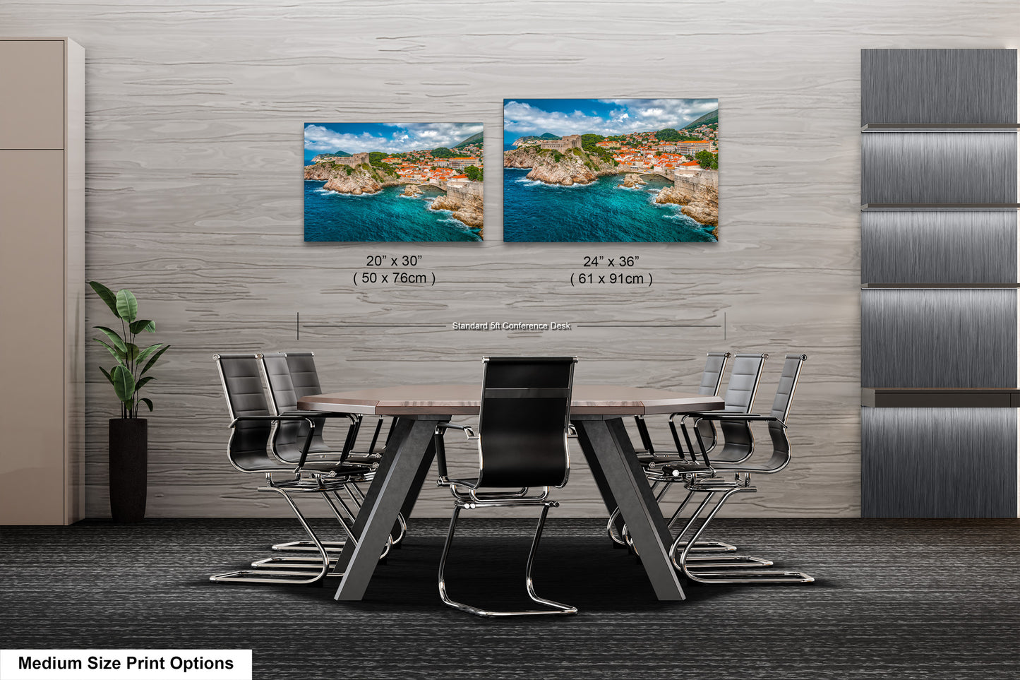 a dining room table with chairs and two pictures on the wall