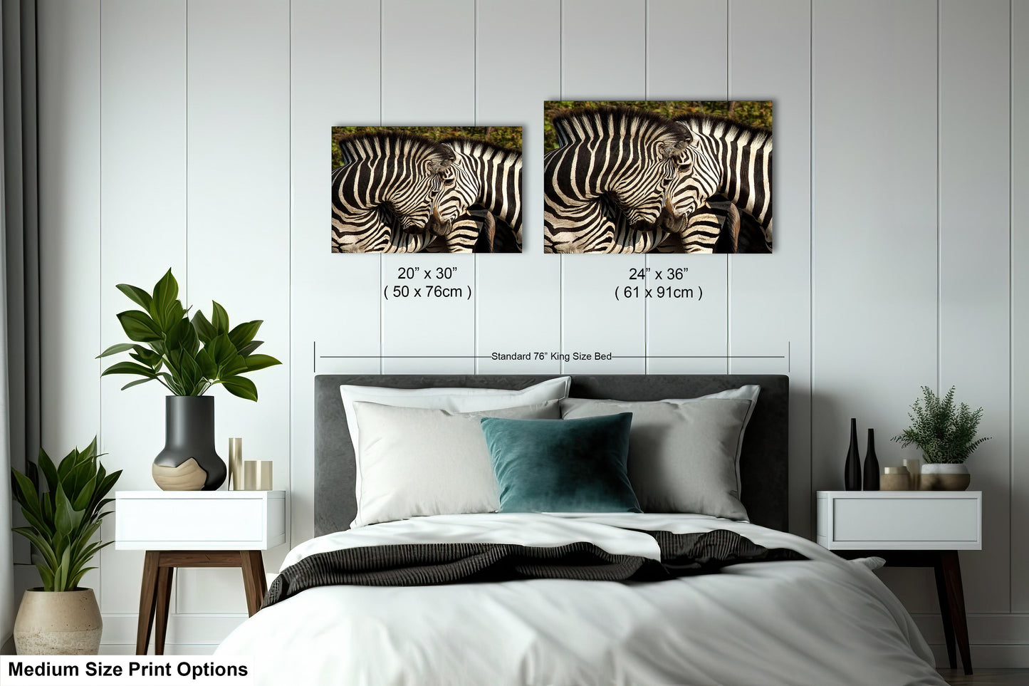 a bedroom with a bed and two zebras on the wall