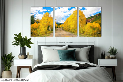 a bedroom with a large bed and two paintings on the wall