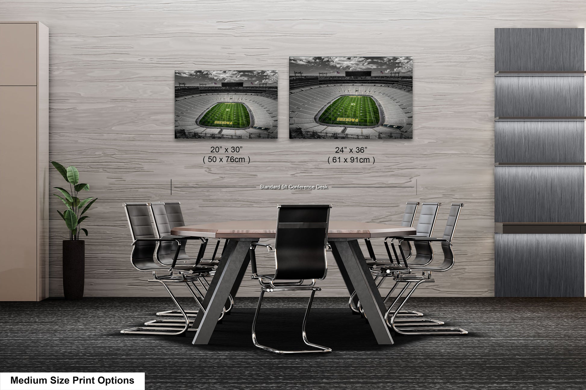 a dining room table with chairs and a green lamp