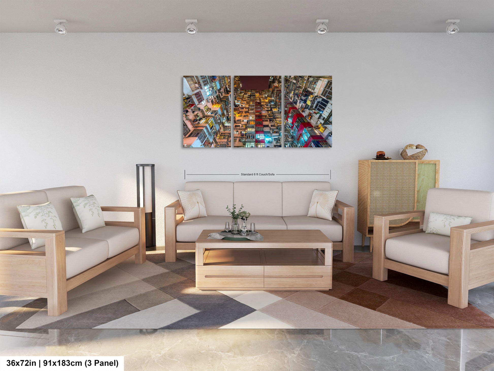 a living room filled with furniture and a painting on the wall