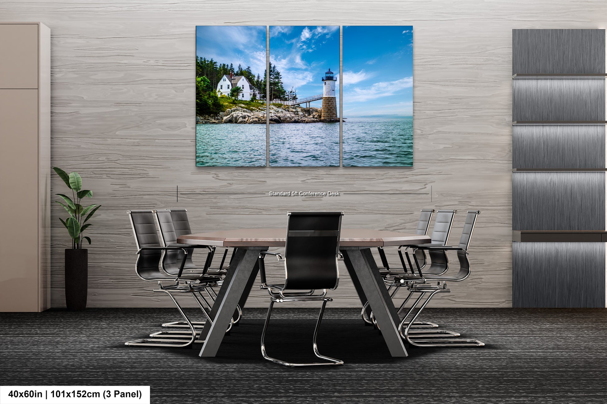 a dining room table with chairs and a lighthouse in the background