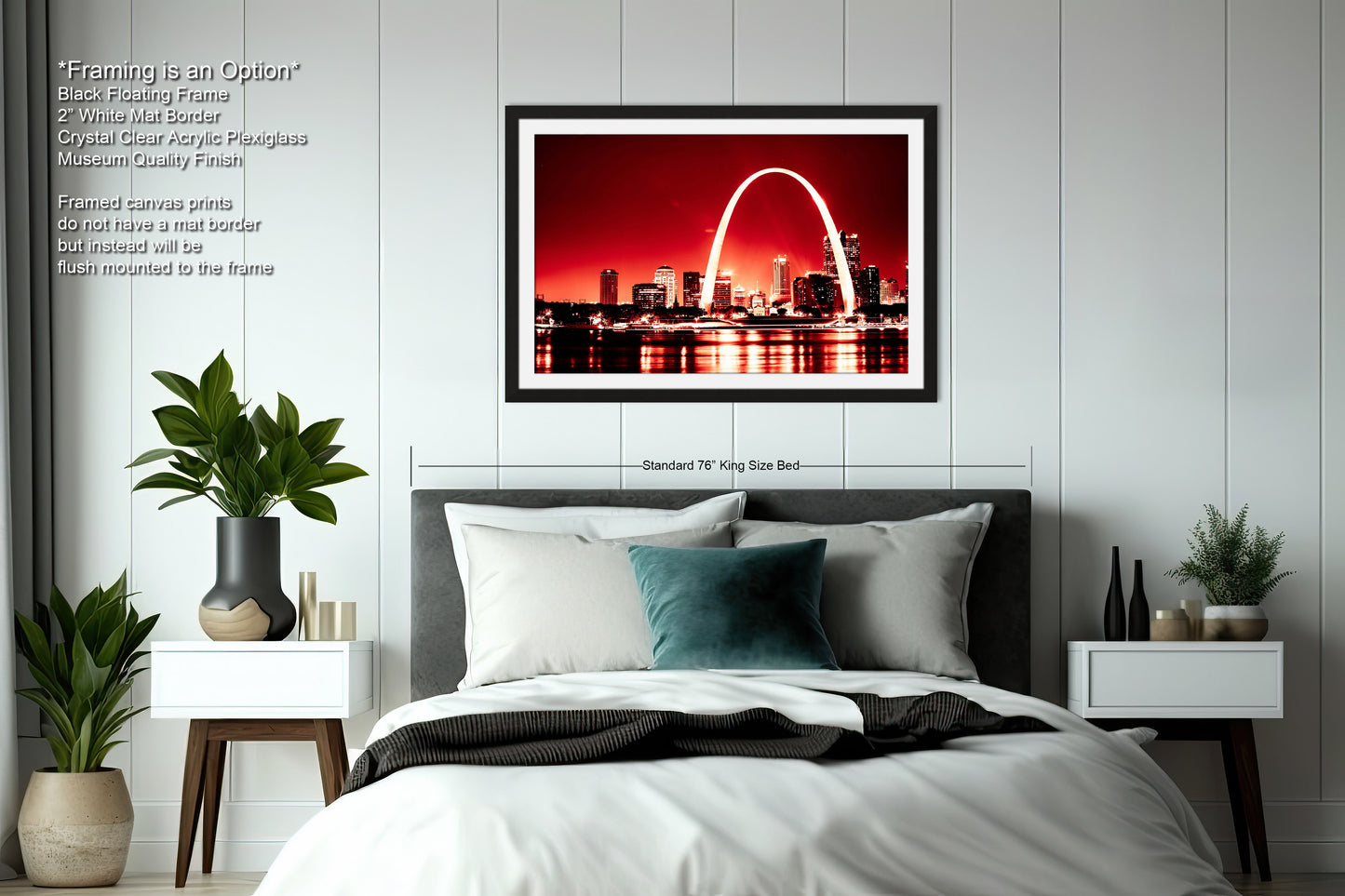 a bedroom with a picture of the st louis skyline