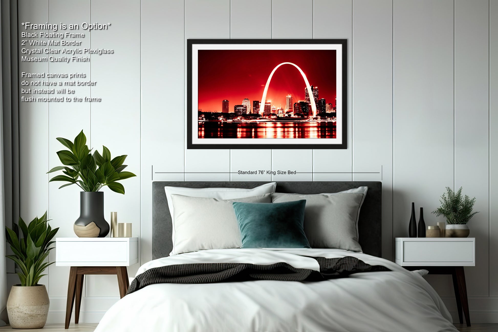 a bedroom with a picture of the st louis skyline