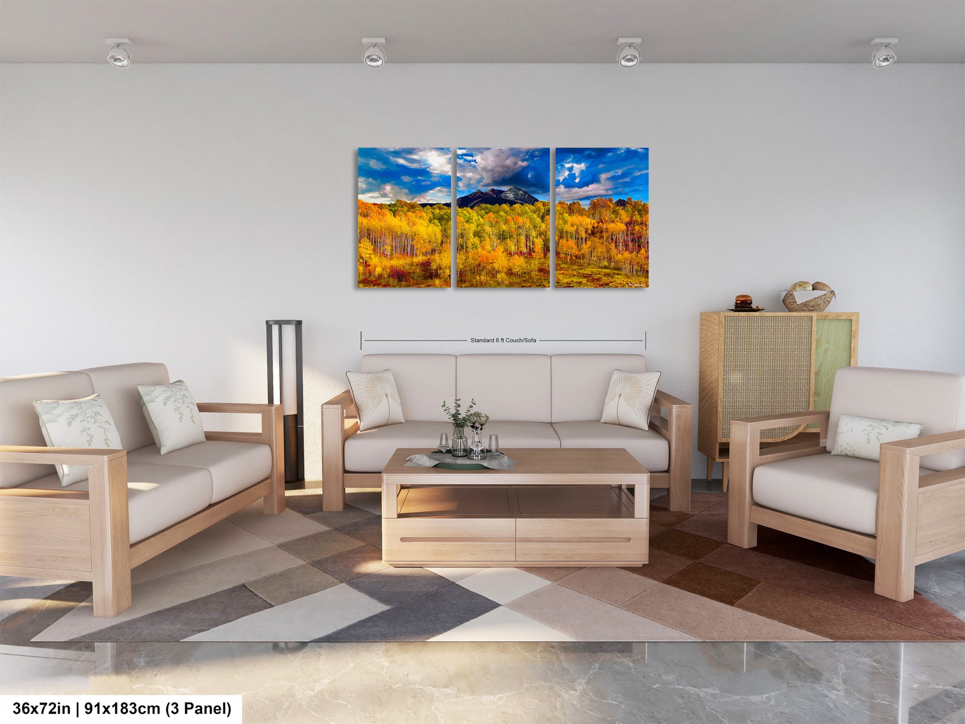 a living room filled with furniture and a painting on the wall