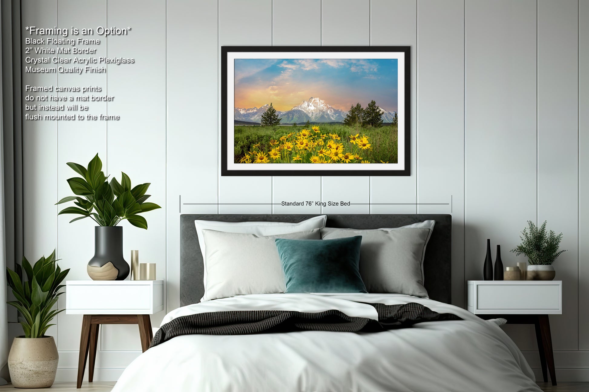 a bedroom with a bed and a picture hanging on the wall