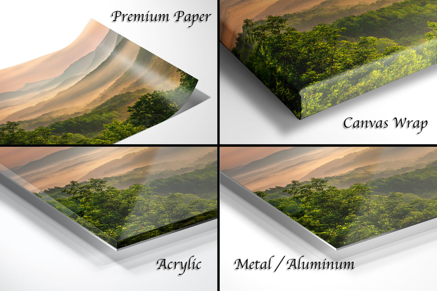 a series of four photos of a mountain range