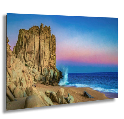 a painting of a rock formation on a beach
