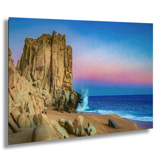 a painting of a rock formation on a beach