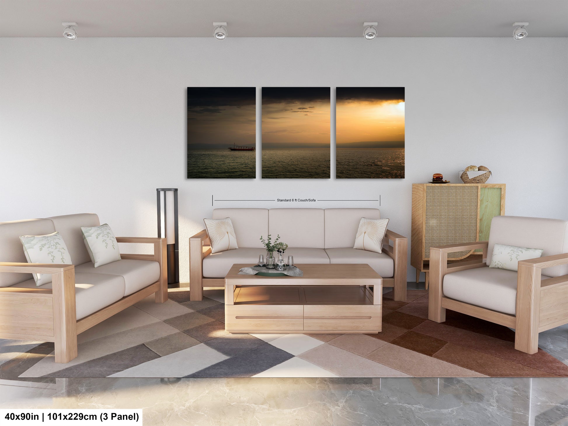 a living room filled with furniture and a painting on the wall