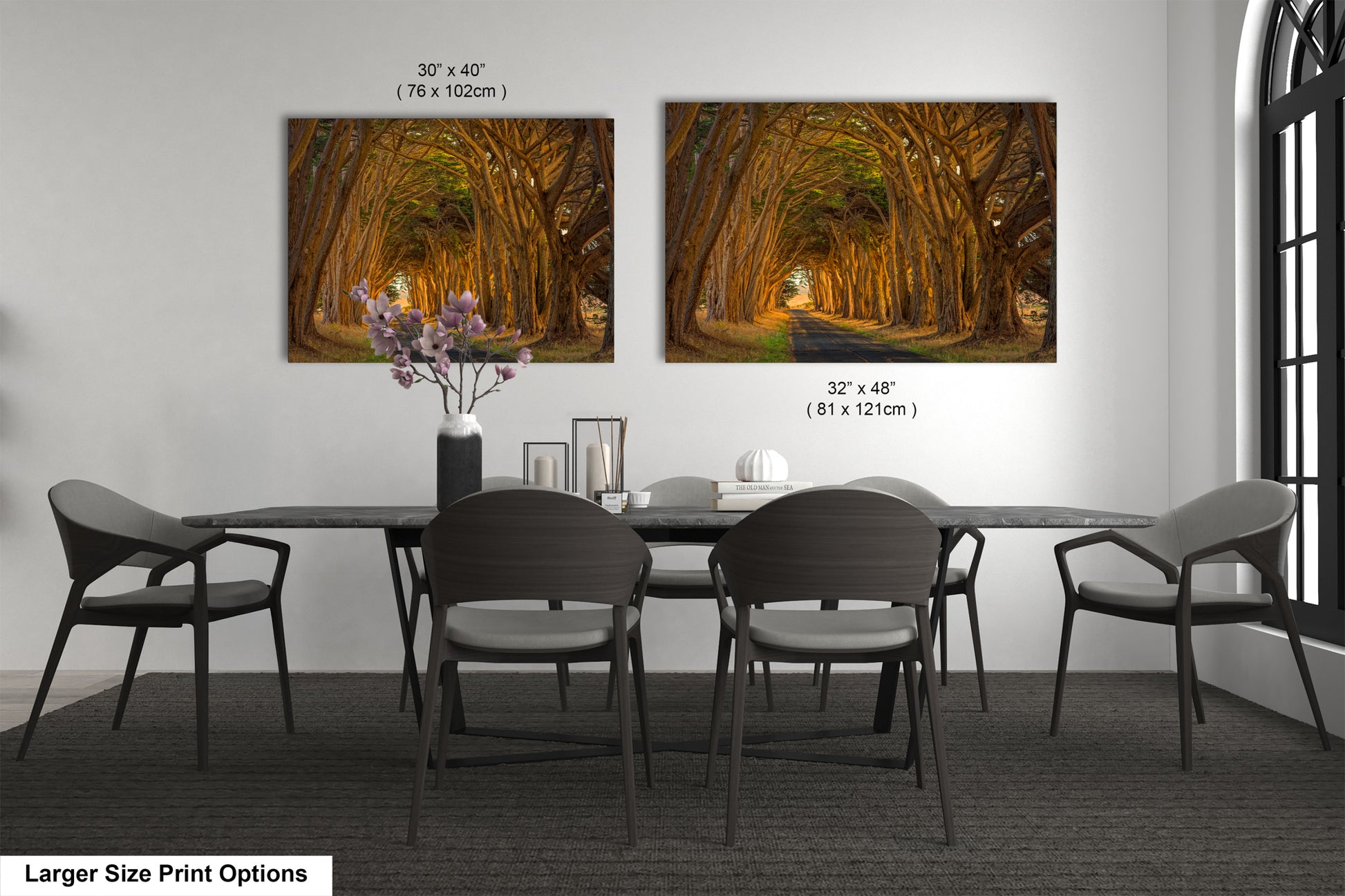 a dining room with a table and chairs