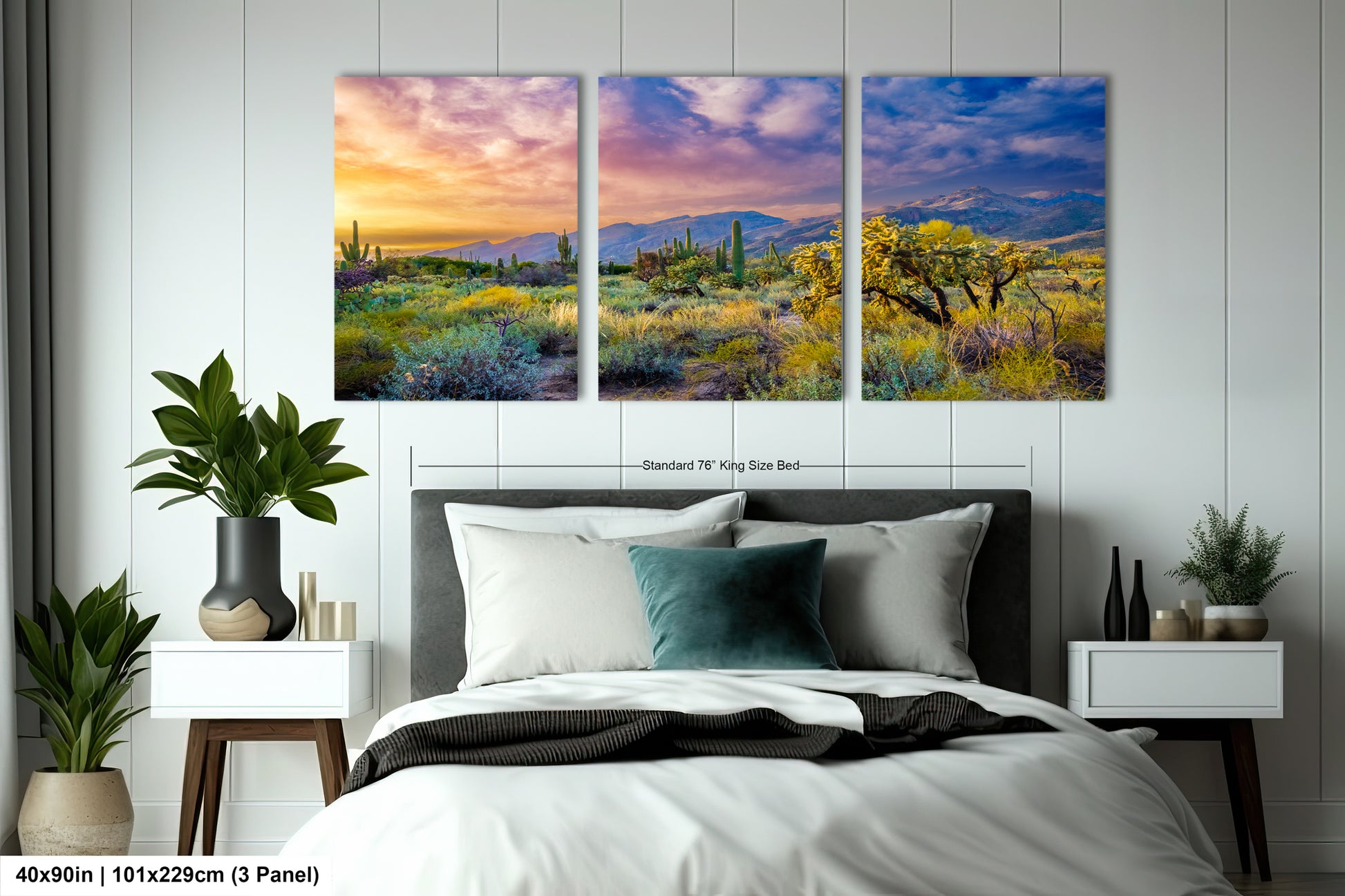 a bedroom with a bed and two paintings on the wall