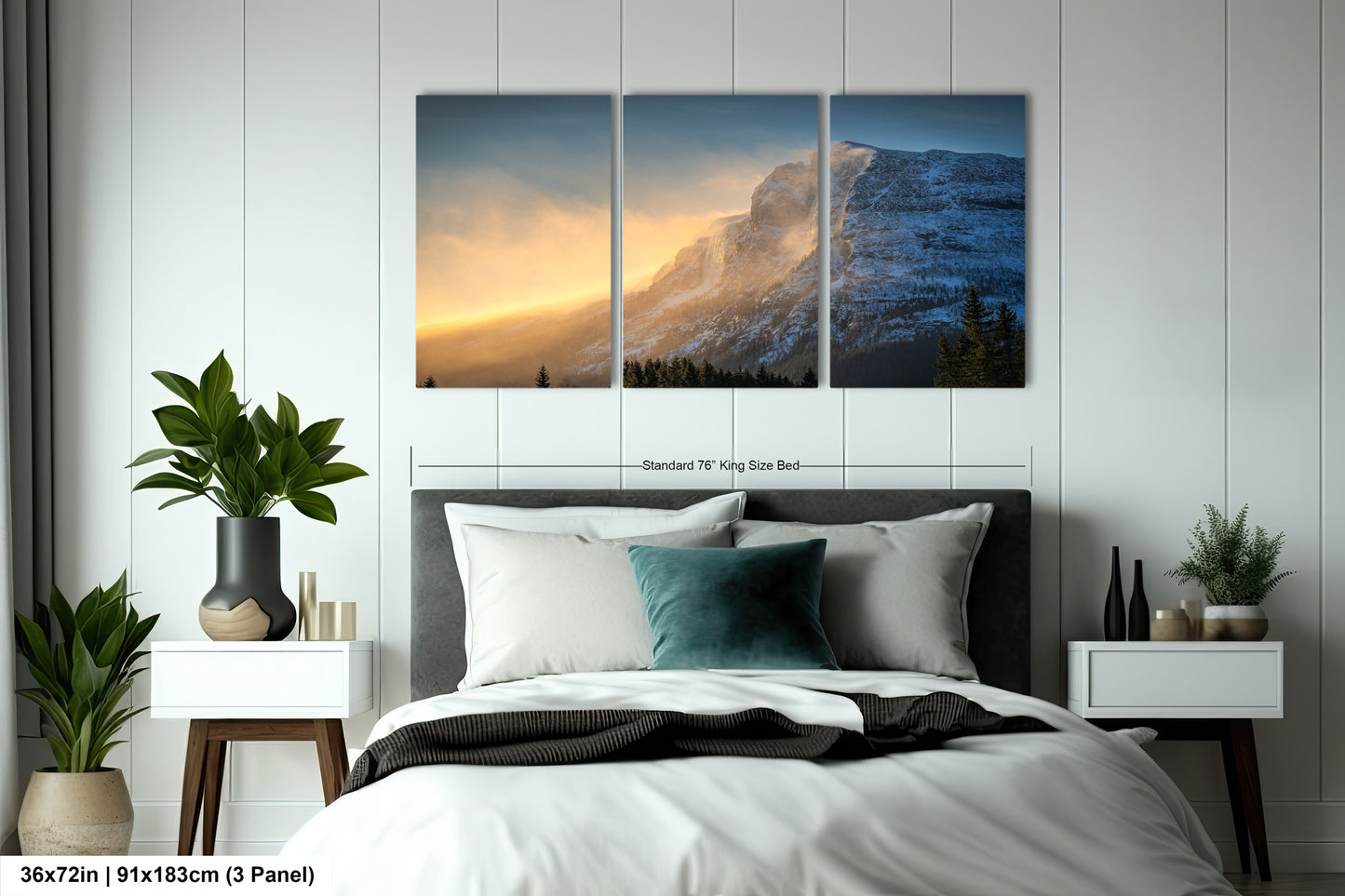 a bedroom scene with a bed and two paintings on the wall