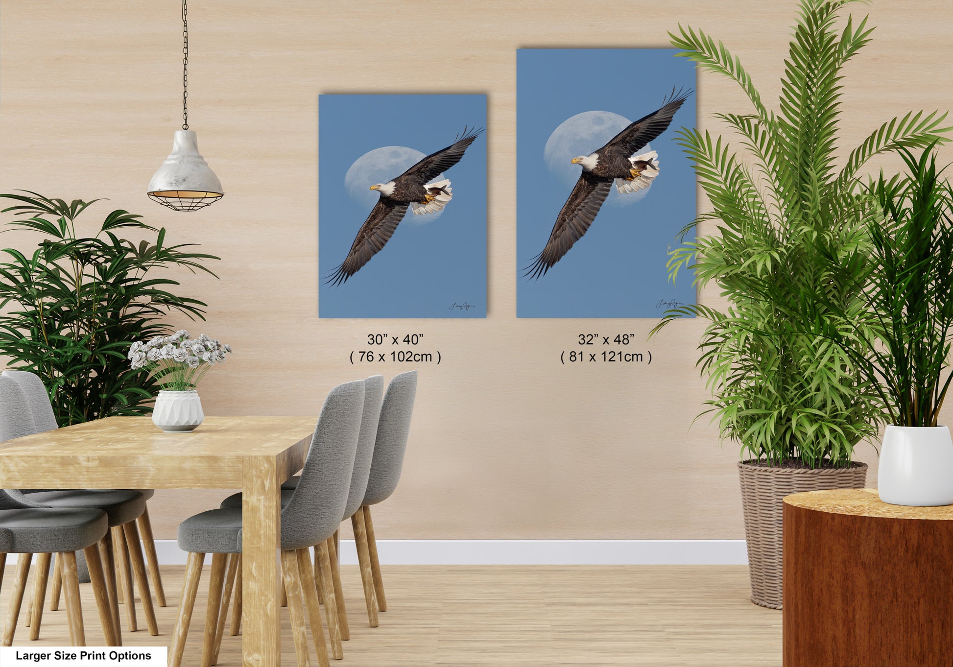 a dining room with a wooden table and chairs, a potted plant, and two framed pictures of a bald eagle in flight.