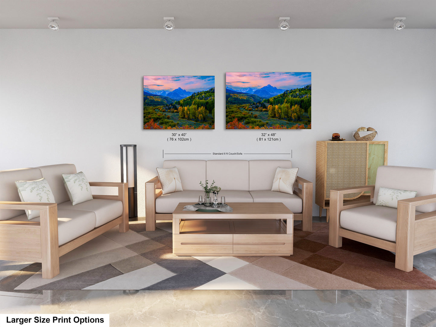 a living room with two paintings on the wall