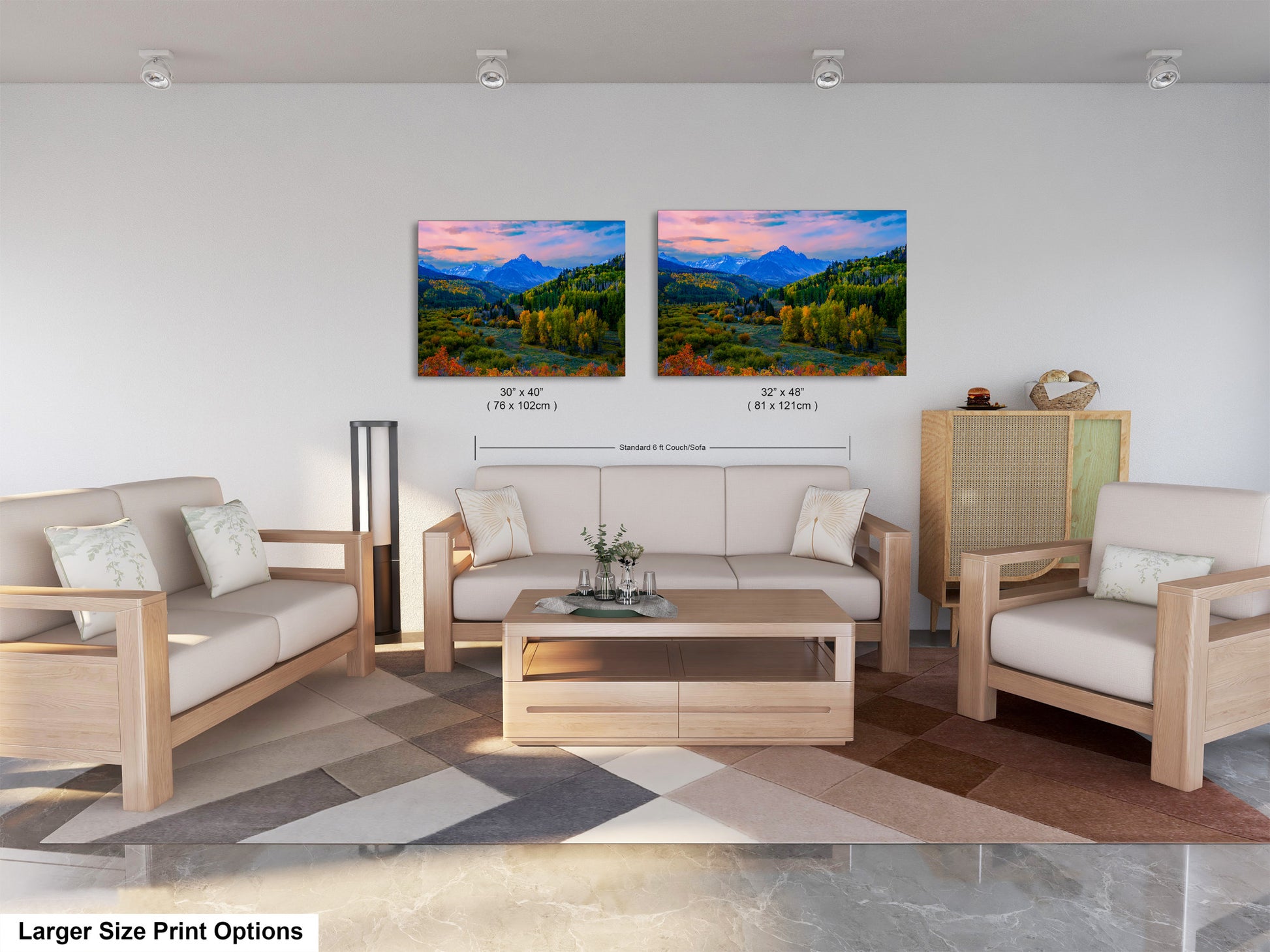 a living room with two paintings on the wall