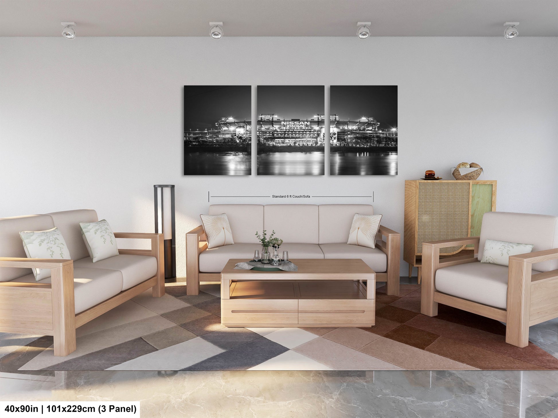 a living room filled with furniture and a painting on the wall