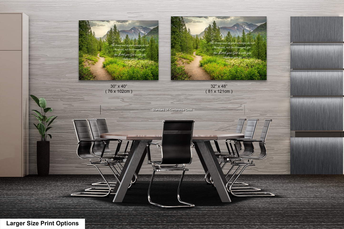 a dining room table with chairs and two pictures on the wall