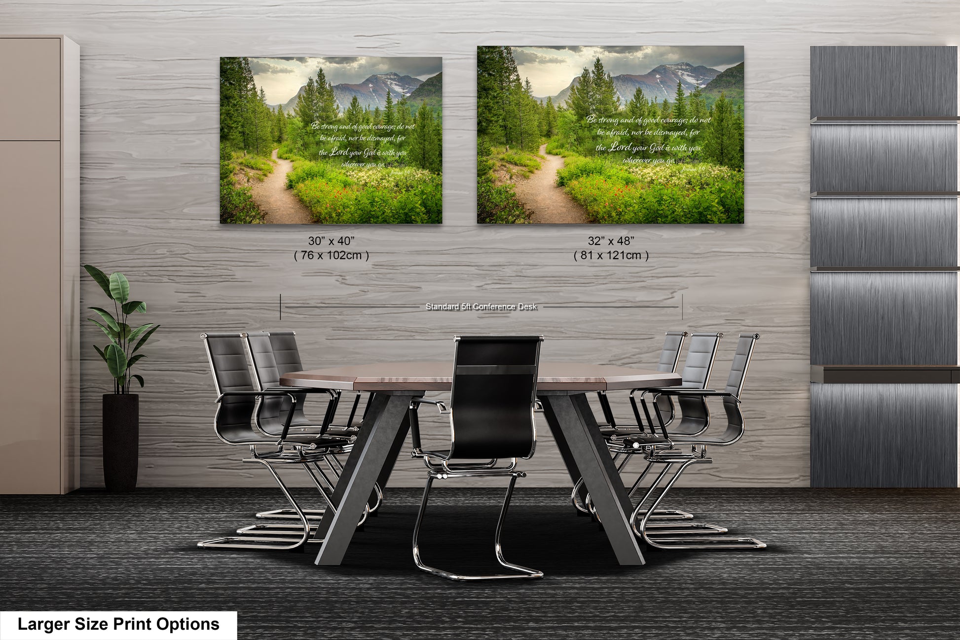 a dining room table with chairs and two pictures on the wall