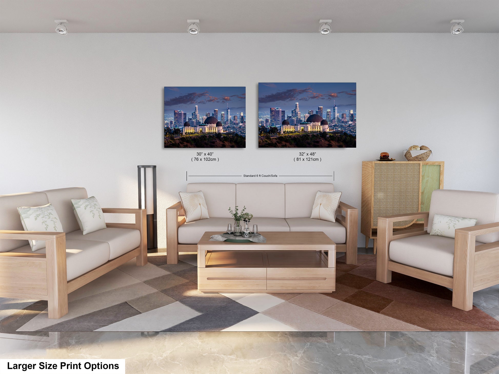 a living room filled with furniture and a painting of a city