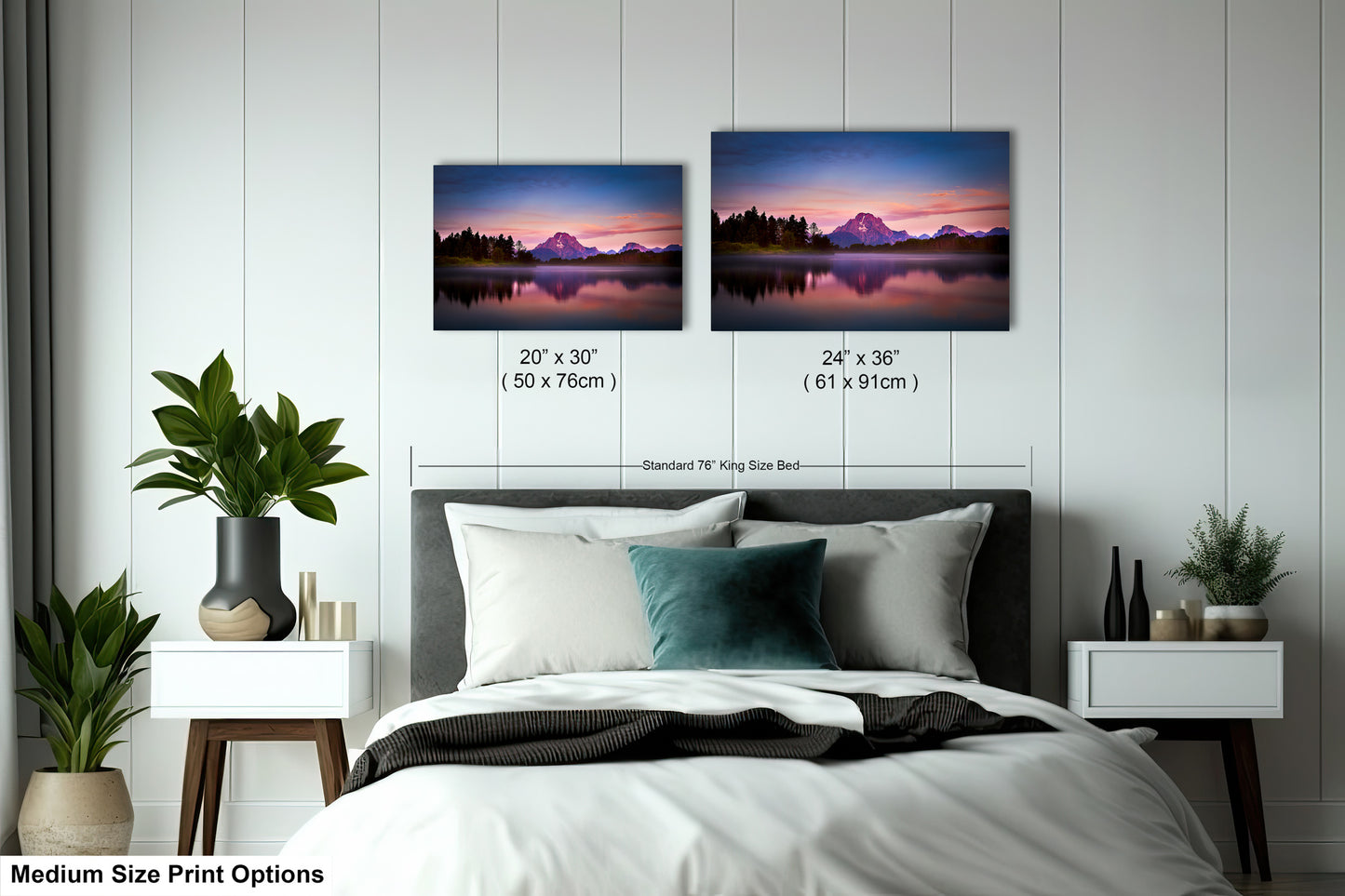 a bedroom with a bed and two pictures on the wall