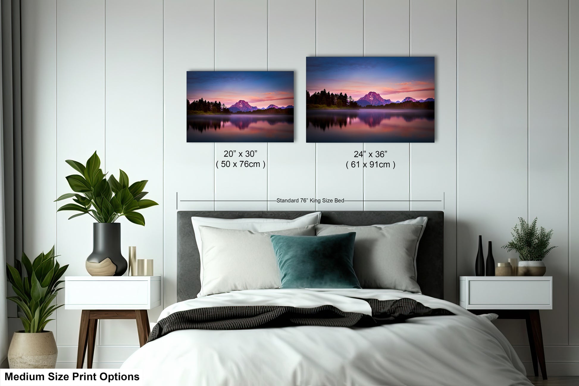 a bedroom with a bed and two pictures on the wall