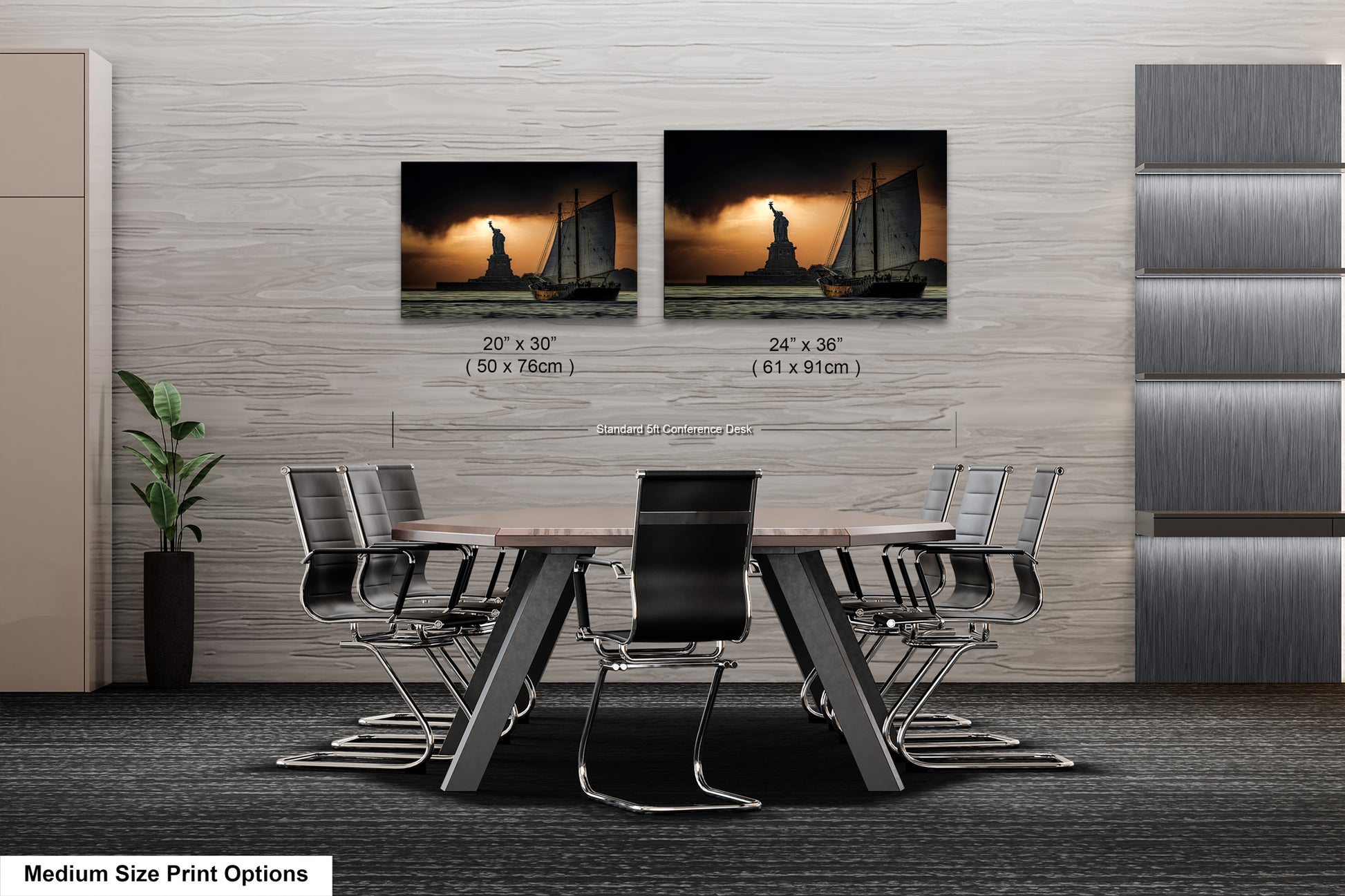a dining room table with chairs and a picture of a woman