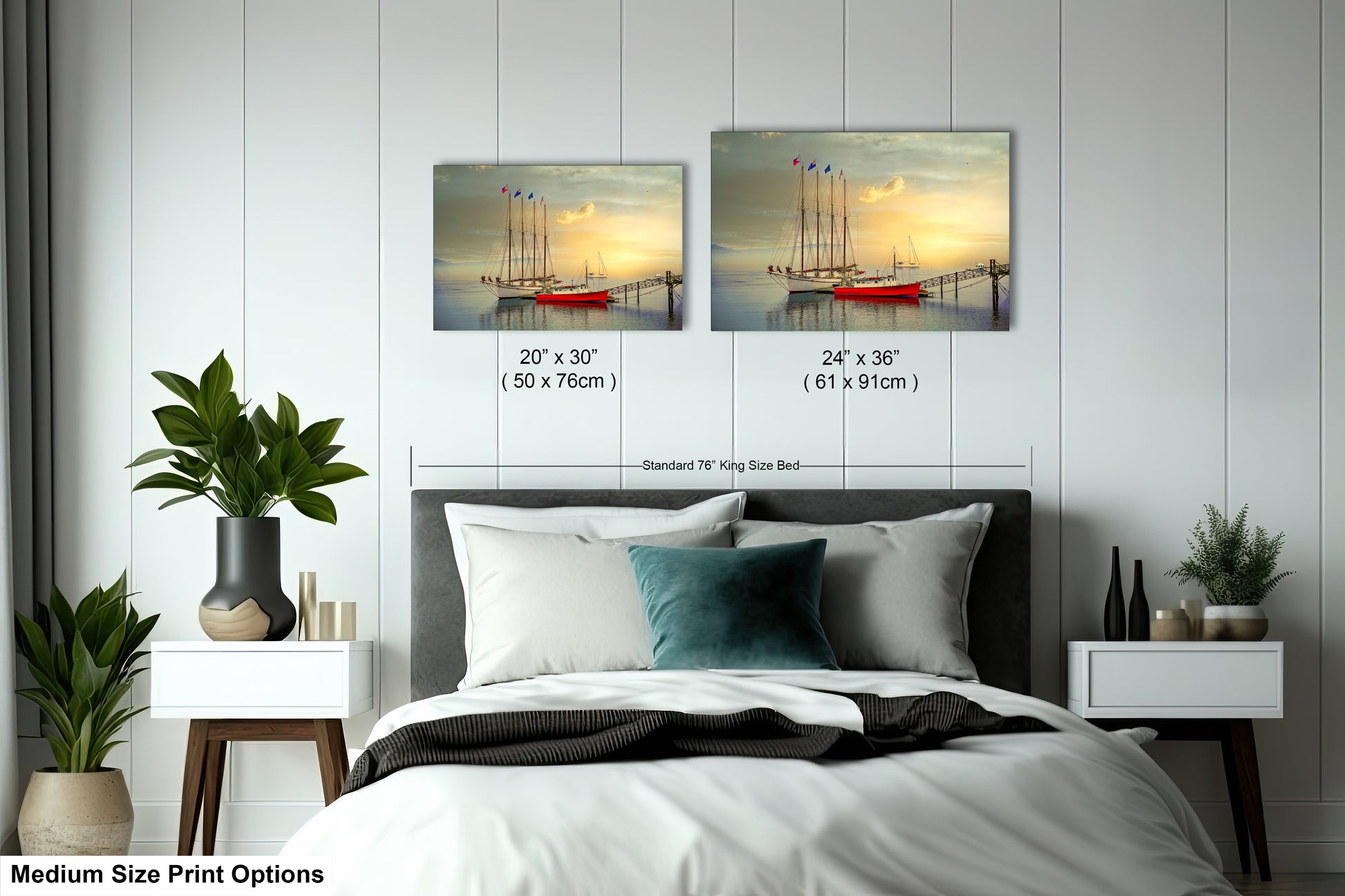 a bedroom with a bed and two pictures on the wall