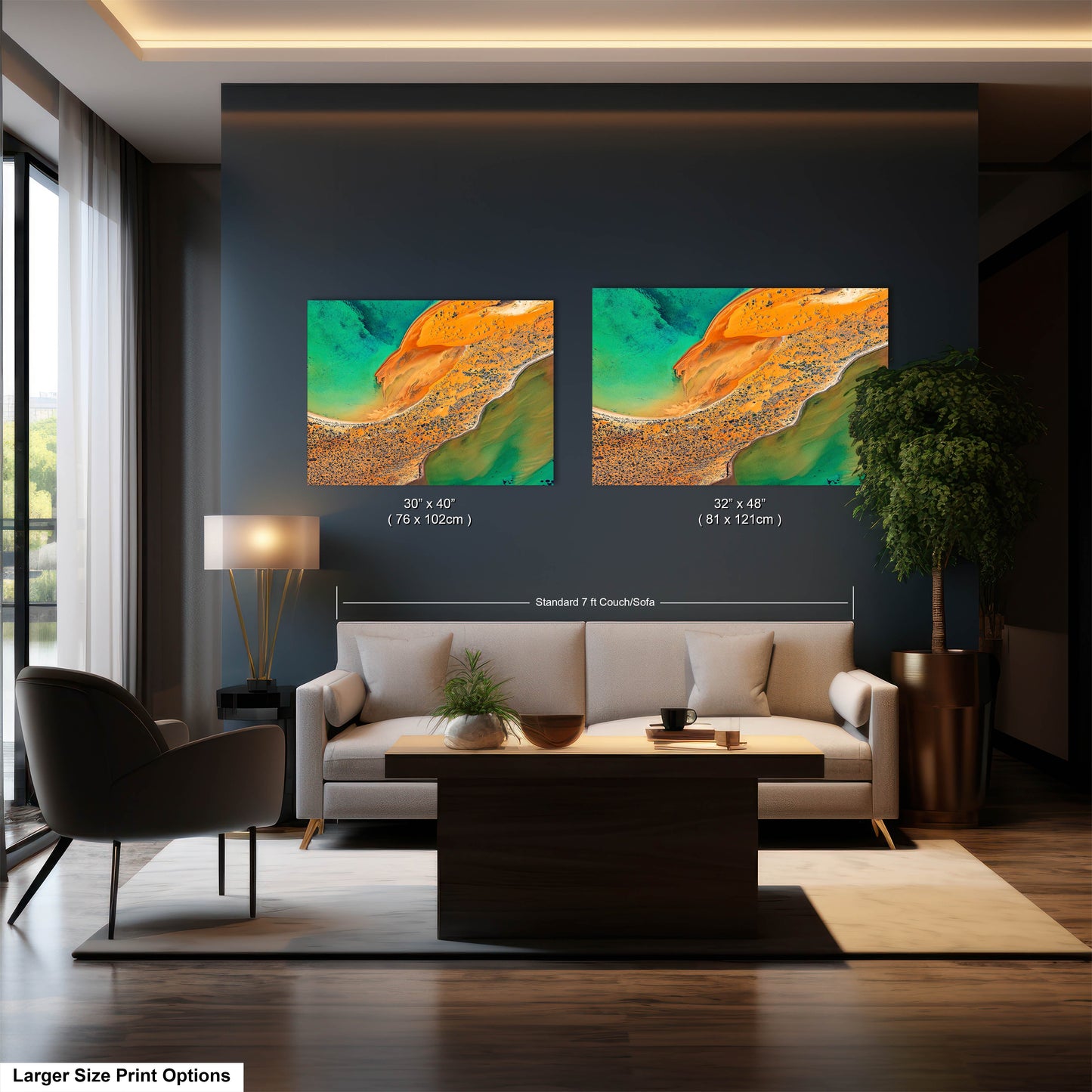 a living room with two paintings on the wall