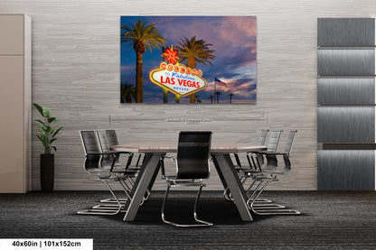 a dining room table with chairs and a neon sign