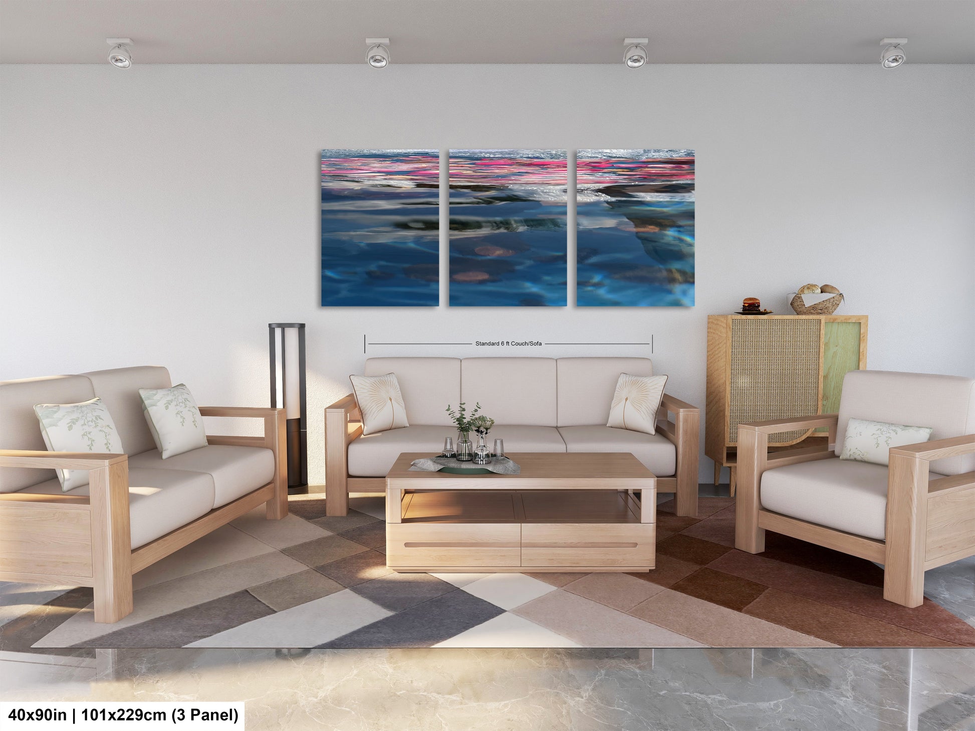 a living room filled with furniture and a painting on the wall