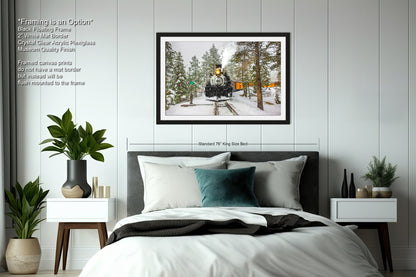 a bedroom with a bed and a picture hanging above it