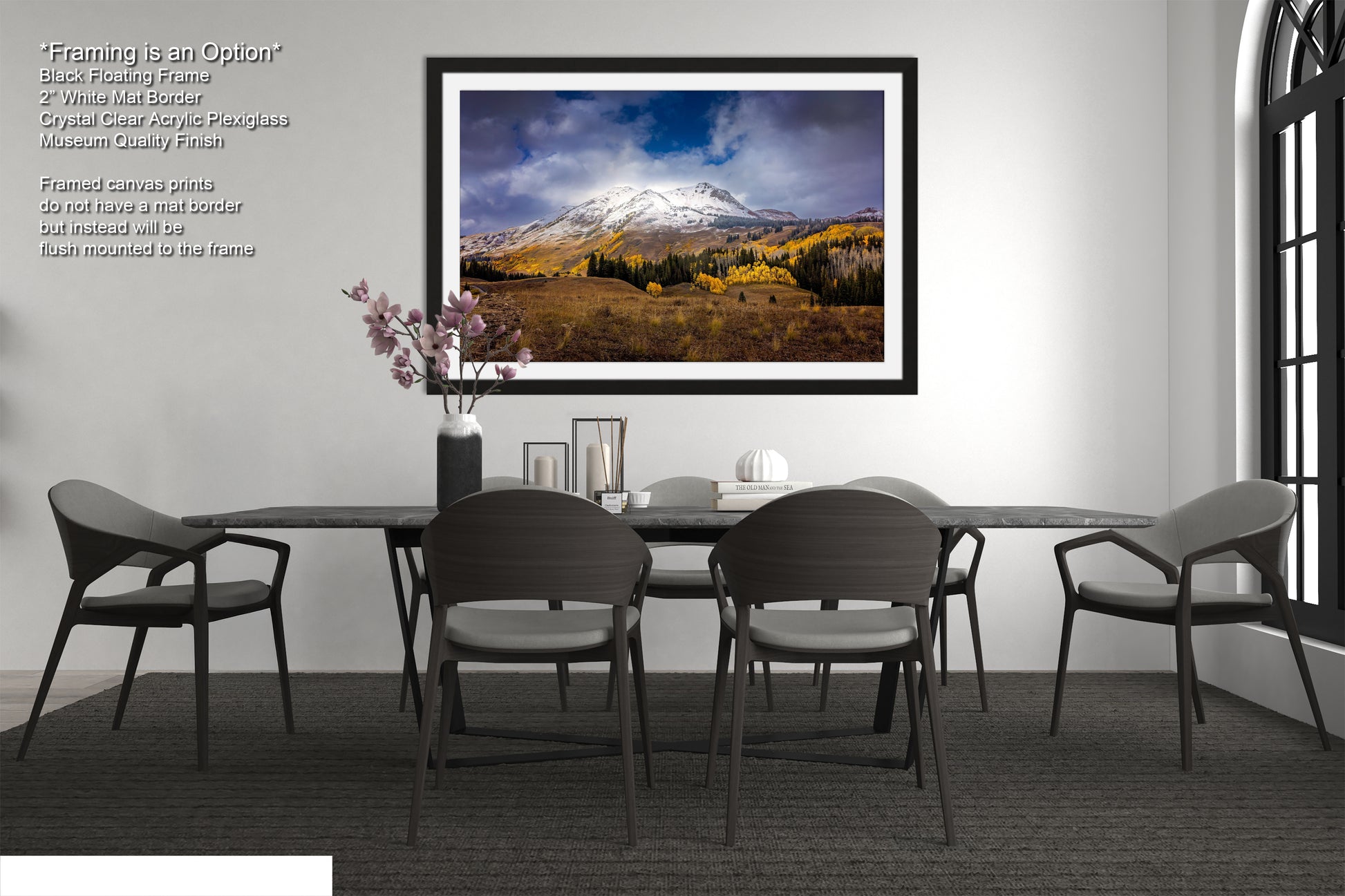 a picture of a dining room with a mountain in the background