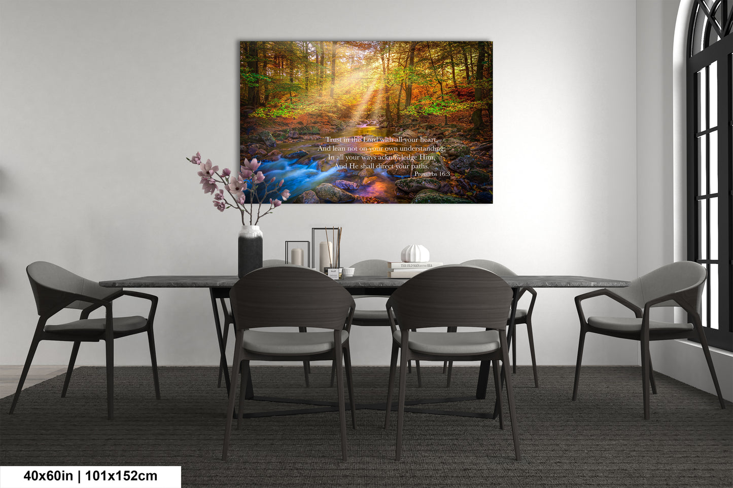 a dining room with a table and chairs and a painting on the wall