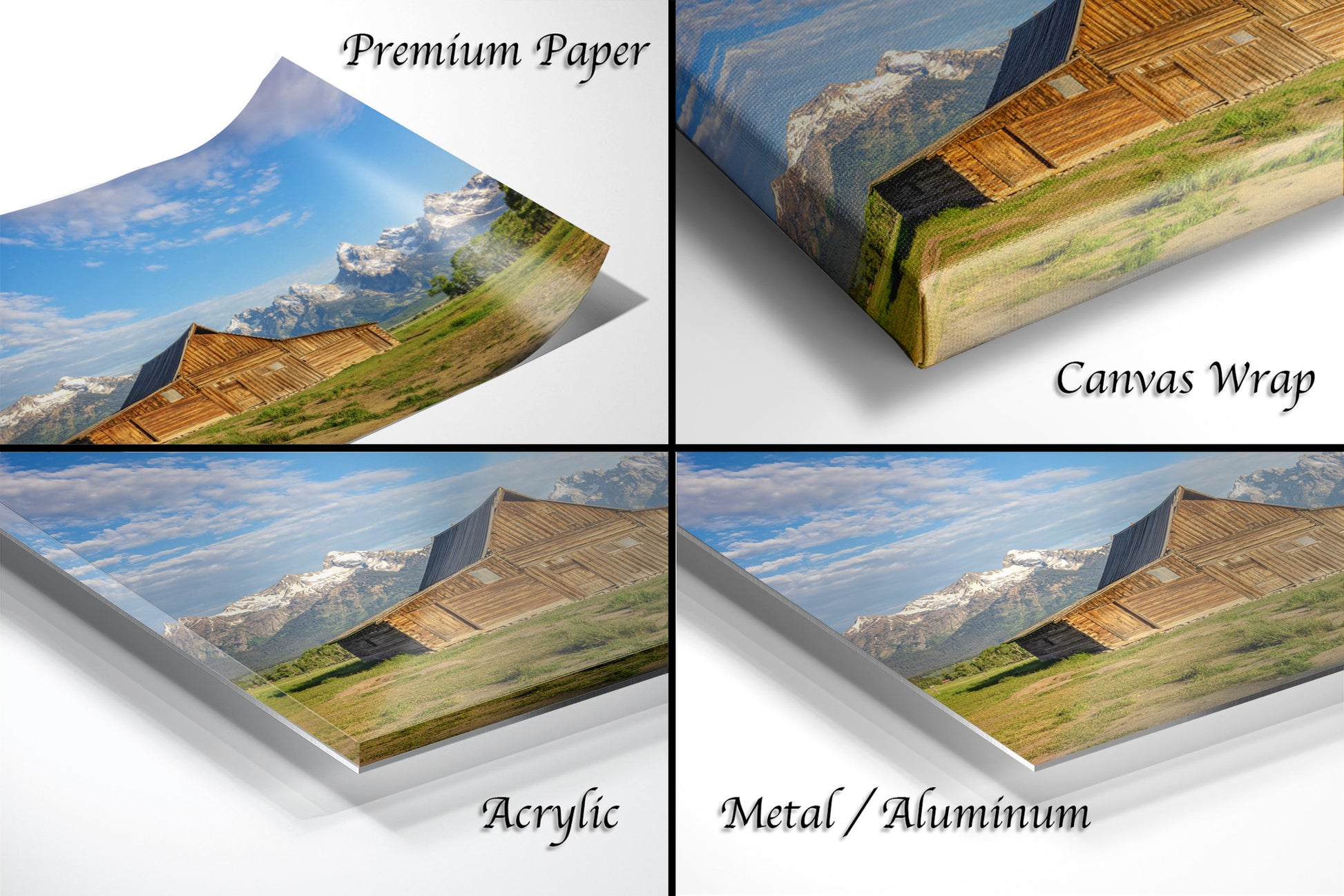 a series of four photos of a barn and mountains