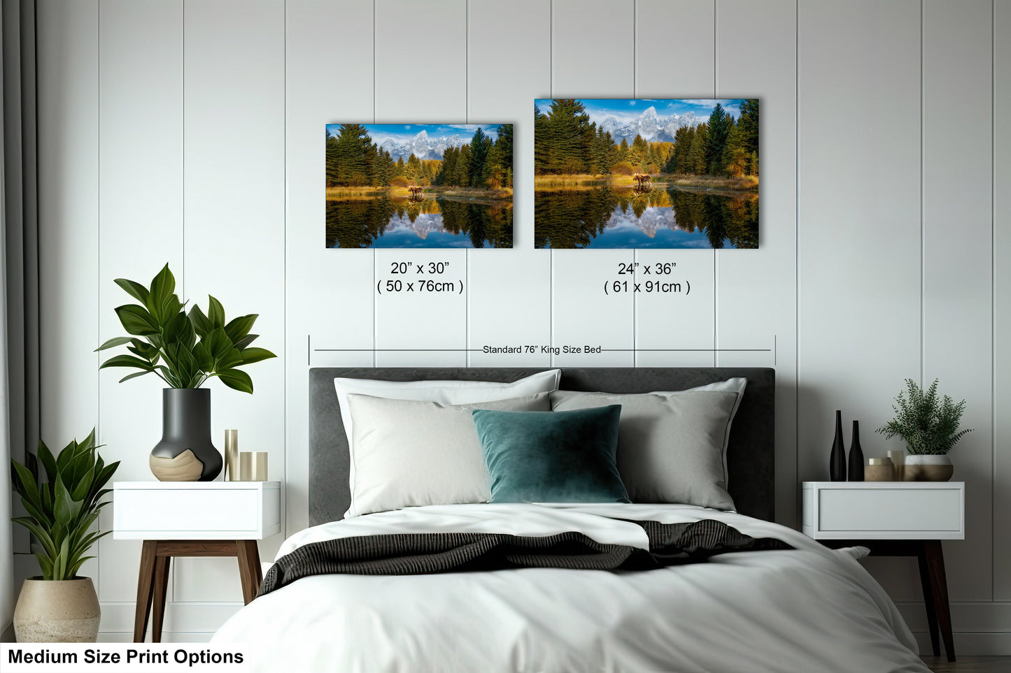 a bed room with a neatly made bed and two pictures on the wall