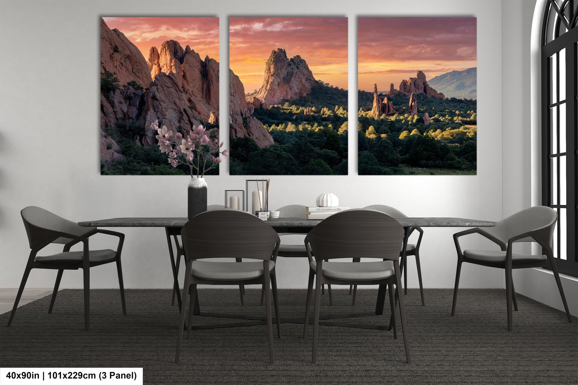 a dining room with a table and chairs