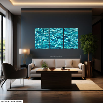 A modern living room with a large wall art depicting a serene body of water, creating a calming and tranquil atmosphere.