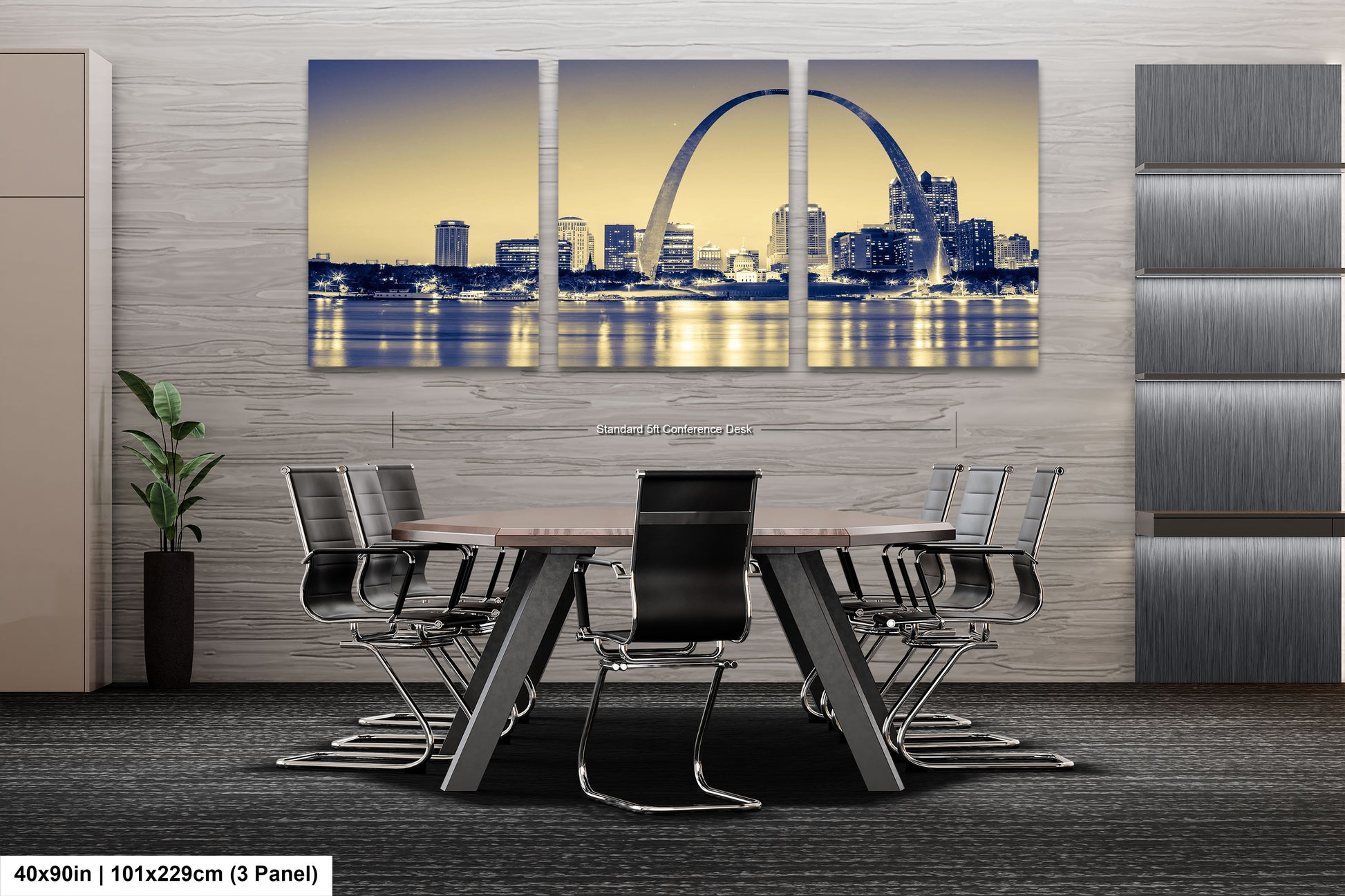 a dining room table with a view of the st louis skyline