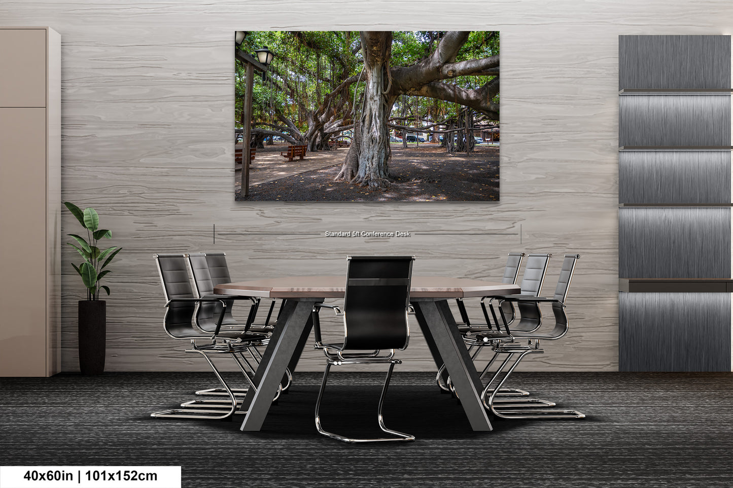 a dining room table with chairs and a painting of a tree