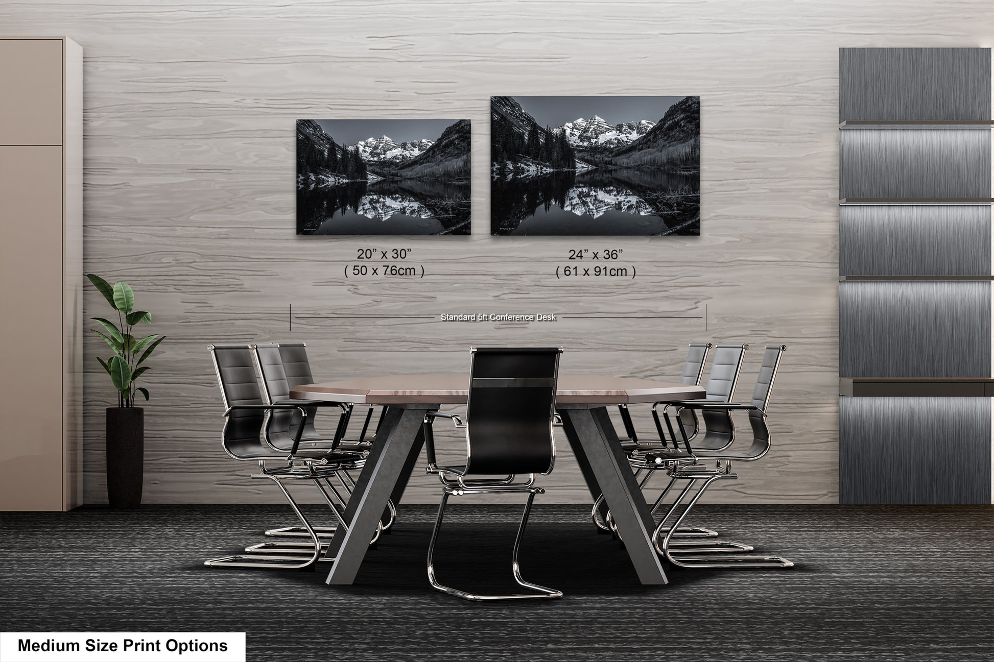 a dining room table with chairs next to a wall with pictures on it