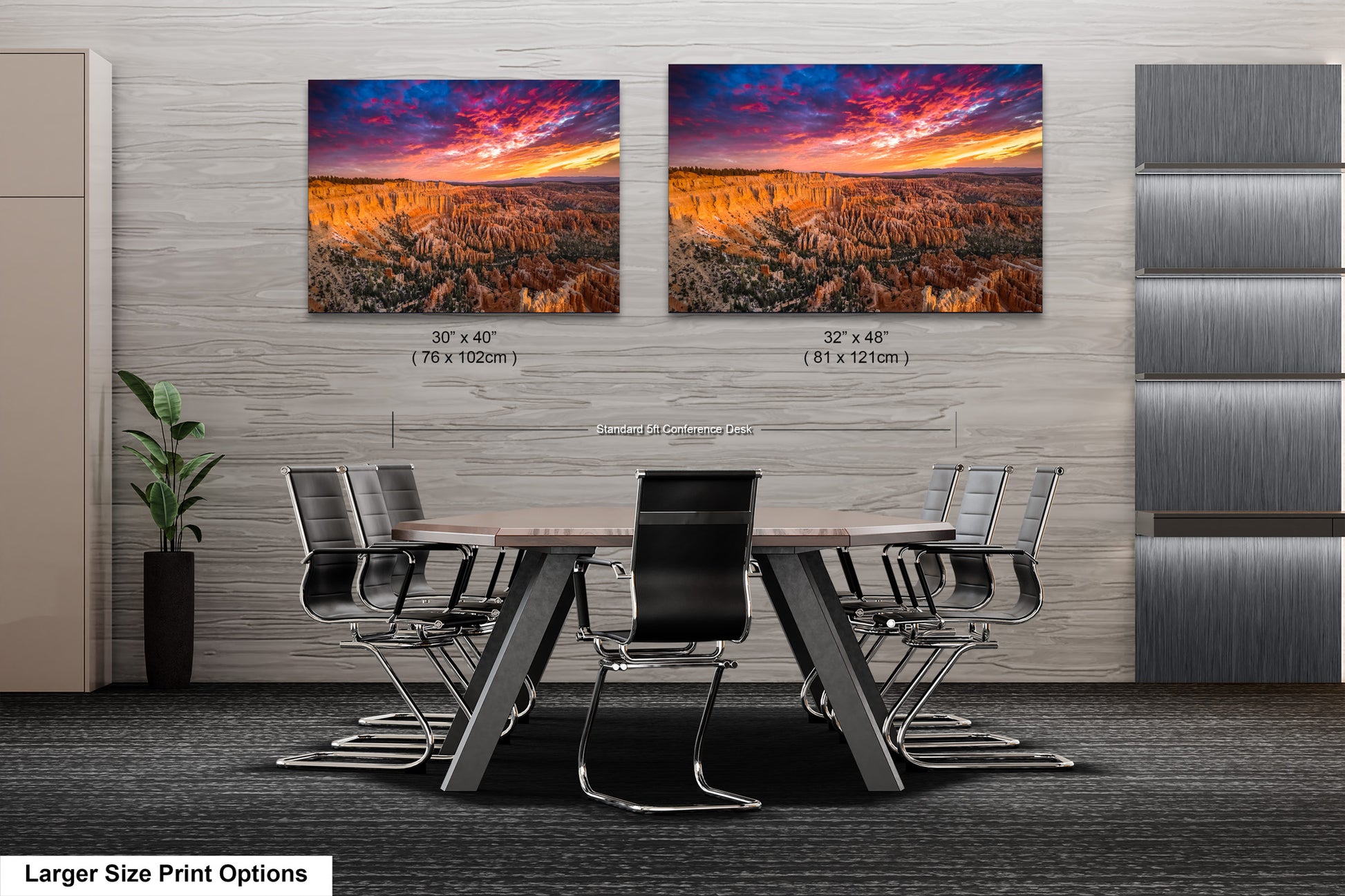 a dining room table with chairs and two pictures on the wall