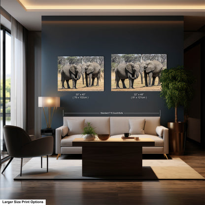 a living room with two pictures of elephants on the wall