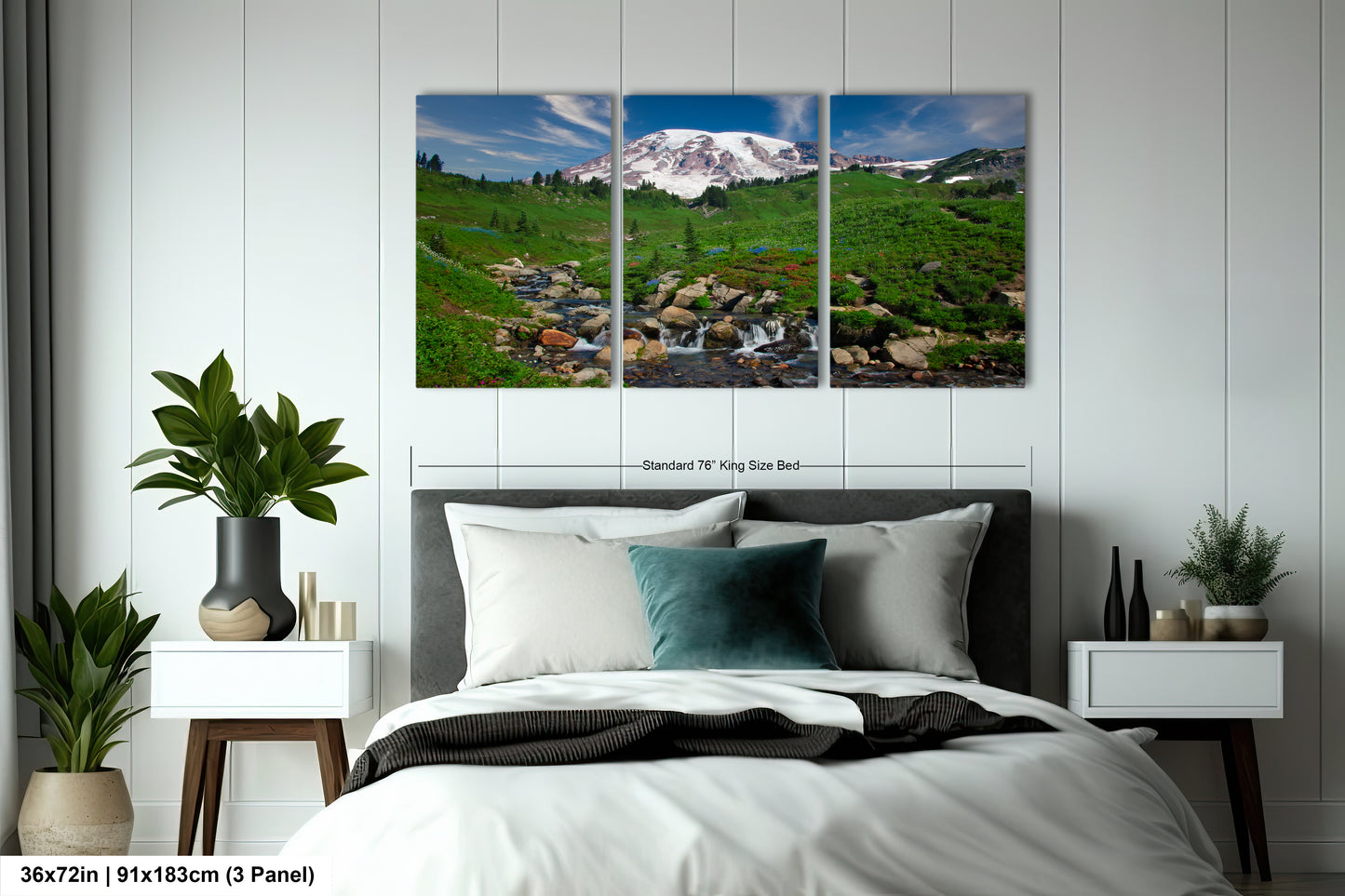 a bed room with a neatly made bed and two pictures on the wall