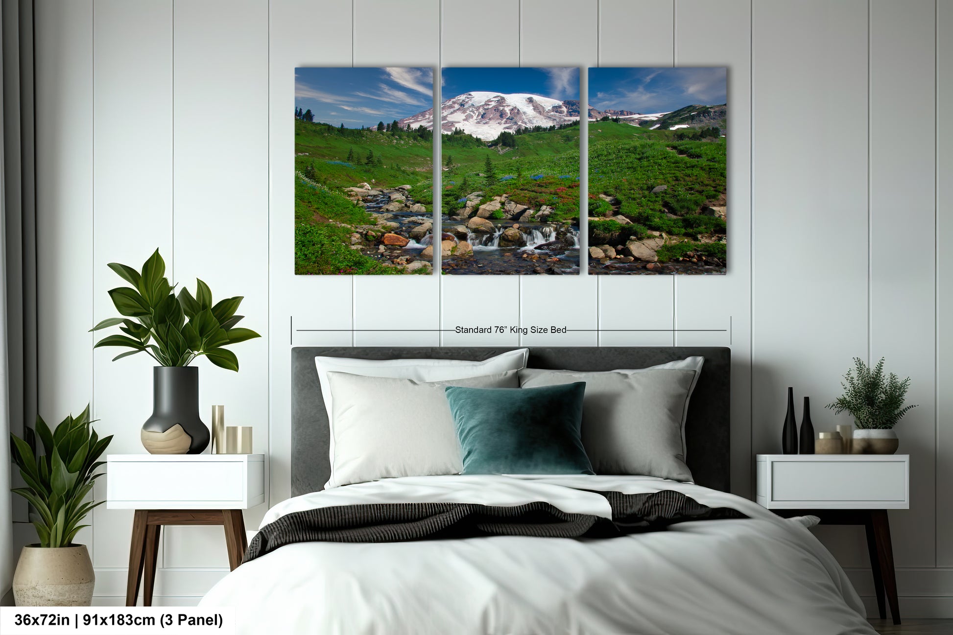 a bed room with a neatly made bed and two pictures on the wall