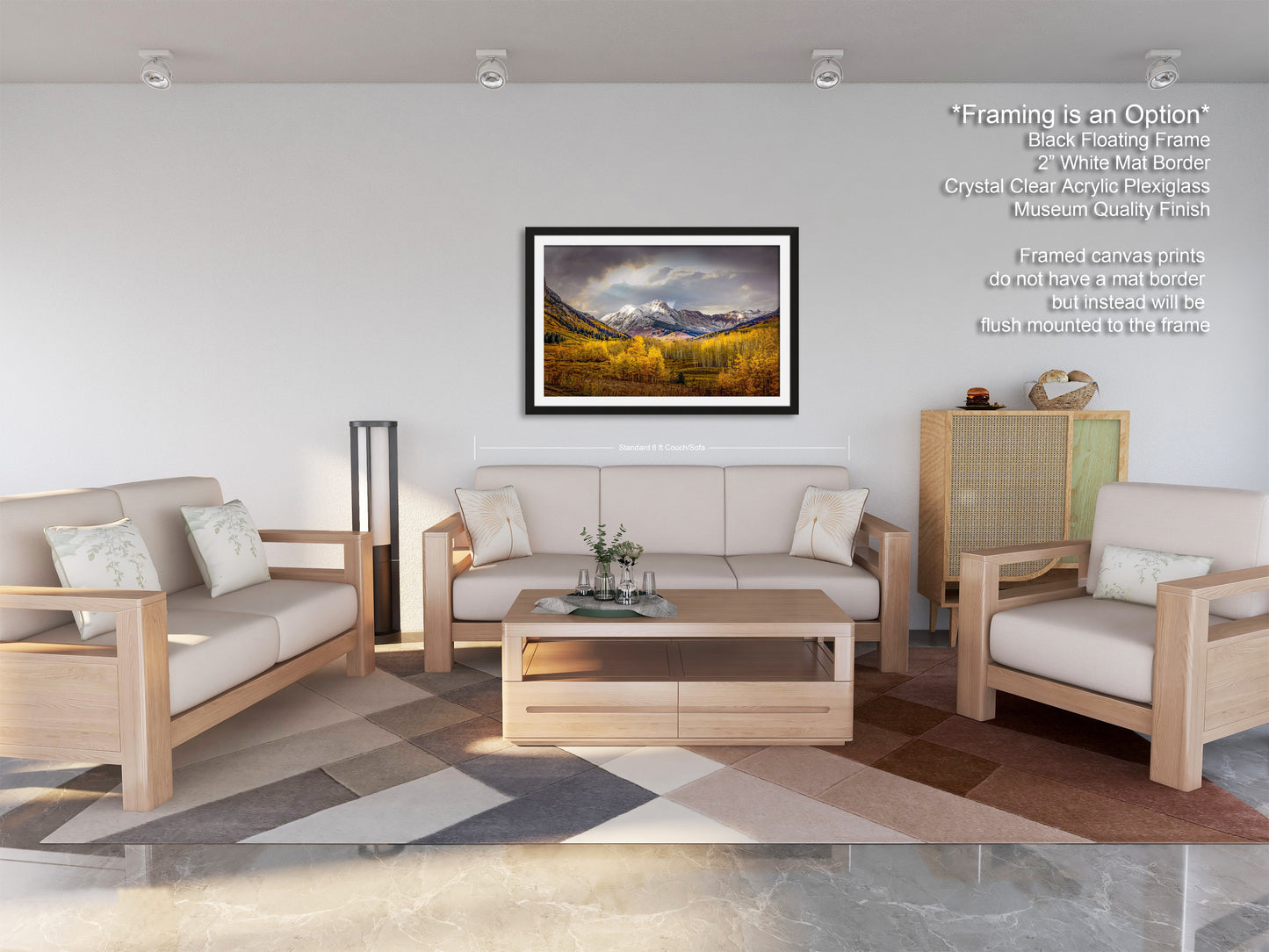 a living room filled with furniture and a painting on the wall