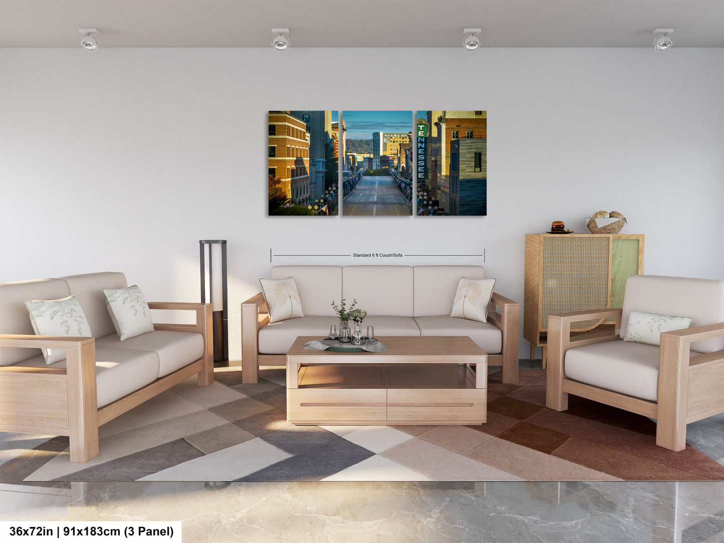 a living room filled with furniture and a painting on the wall