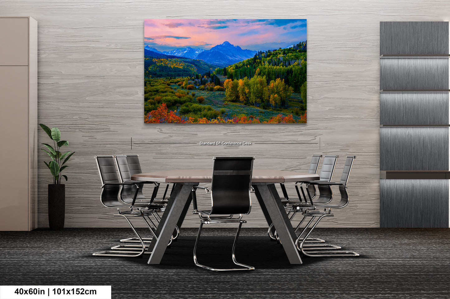 a painting of a mountain scene with a table and chairs